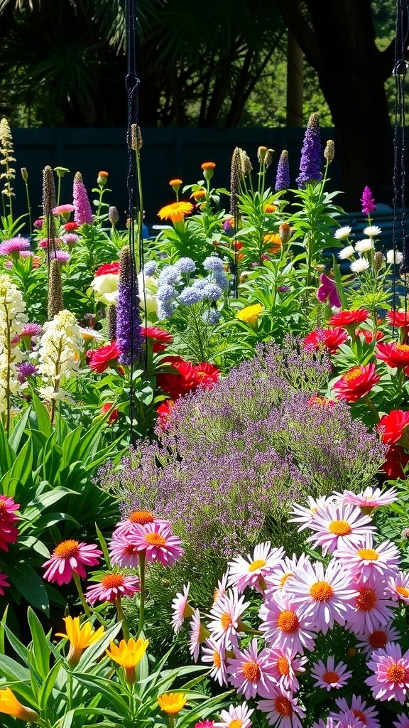 A colorful garden filled with various perennials in shades of pink, yellow, and purple, thriving in partial shade.