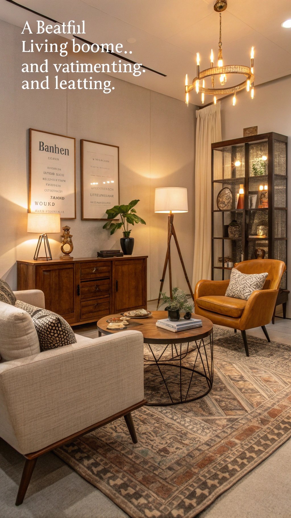 Cozy living room with warm tones, stylish furniture, and elegant lighting.