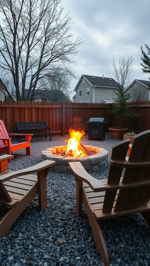 A cozy fire pit area with pea gravel, surrounded by chairs and a warm fire.