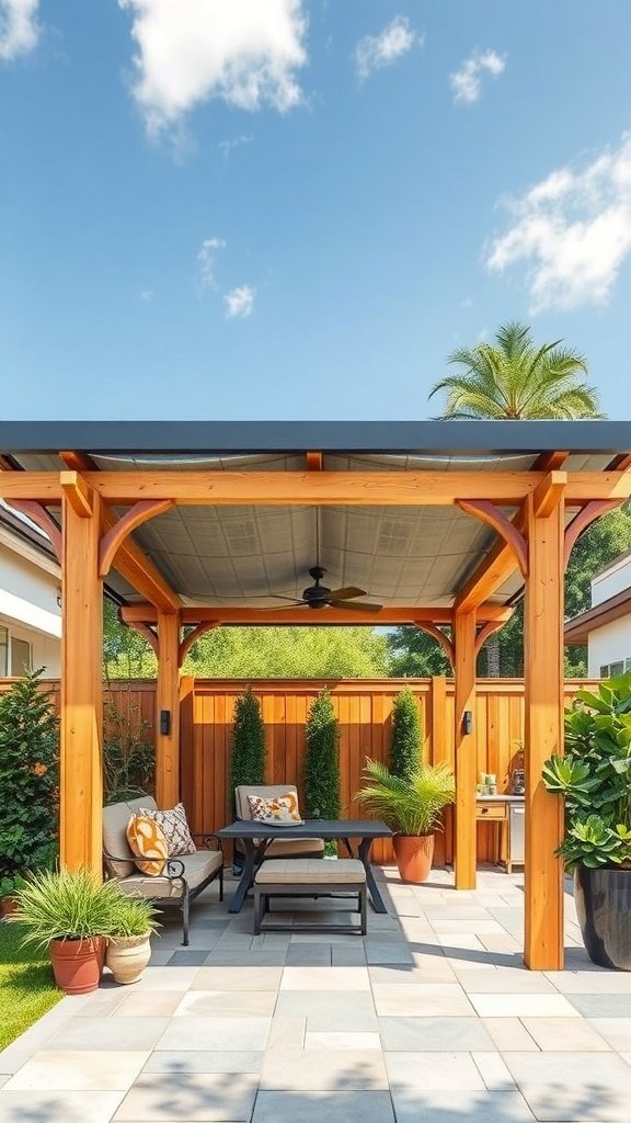 A beautiful wooden patio cover with comfortable seating and potted plants.