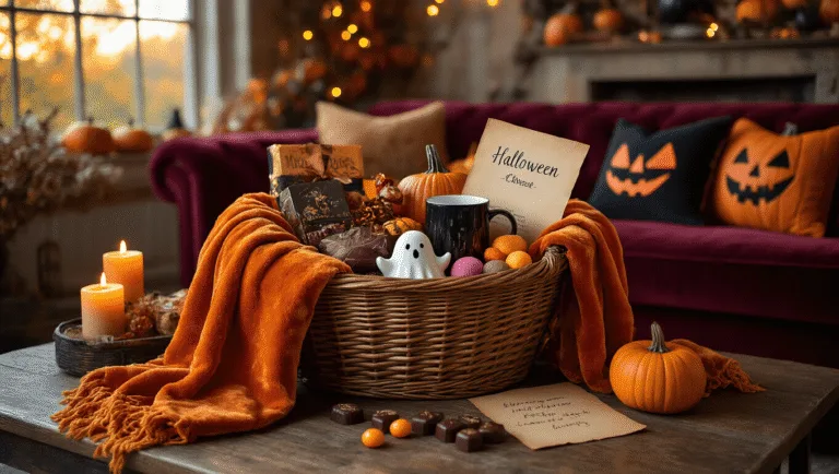 A cozy autumn living room during golden hour, featuring a Halloween gift basket on a rustic coffee table, overflowing with a plush throw, chocolates, a ghost mug, bath bombs, and a handwritten note, surrounded by flickering candles, vintage decorations, and fairy lights; deep burgundy sofa with Halloween pillows, soft light streaming through bay windows.
