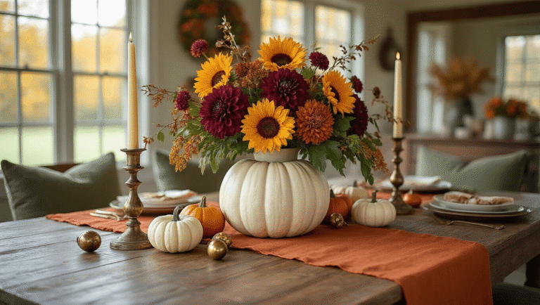 Fall Table Centerpiece Ideas That'll Make Your Guests Swoon A sunlit dining room featuring a rustic wooden table adorned with a carved white pumpkin vase filled with autumn blooms, surrounded by mini pumpkins, golden acorns, and brass candlesticks, all highlighted by a warm, inviting color palette.