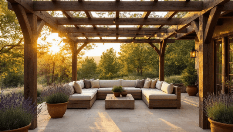 Elegant rustic wood patio cover with cedar beams, warm sunlight casting shadows on limestone flooring, potted lavender and rosemary, Edison string lights, and cream sectional with textured pillows, all in a serene outdoor sanctuary setting.