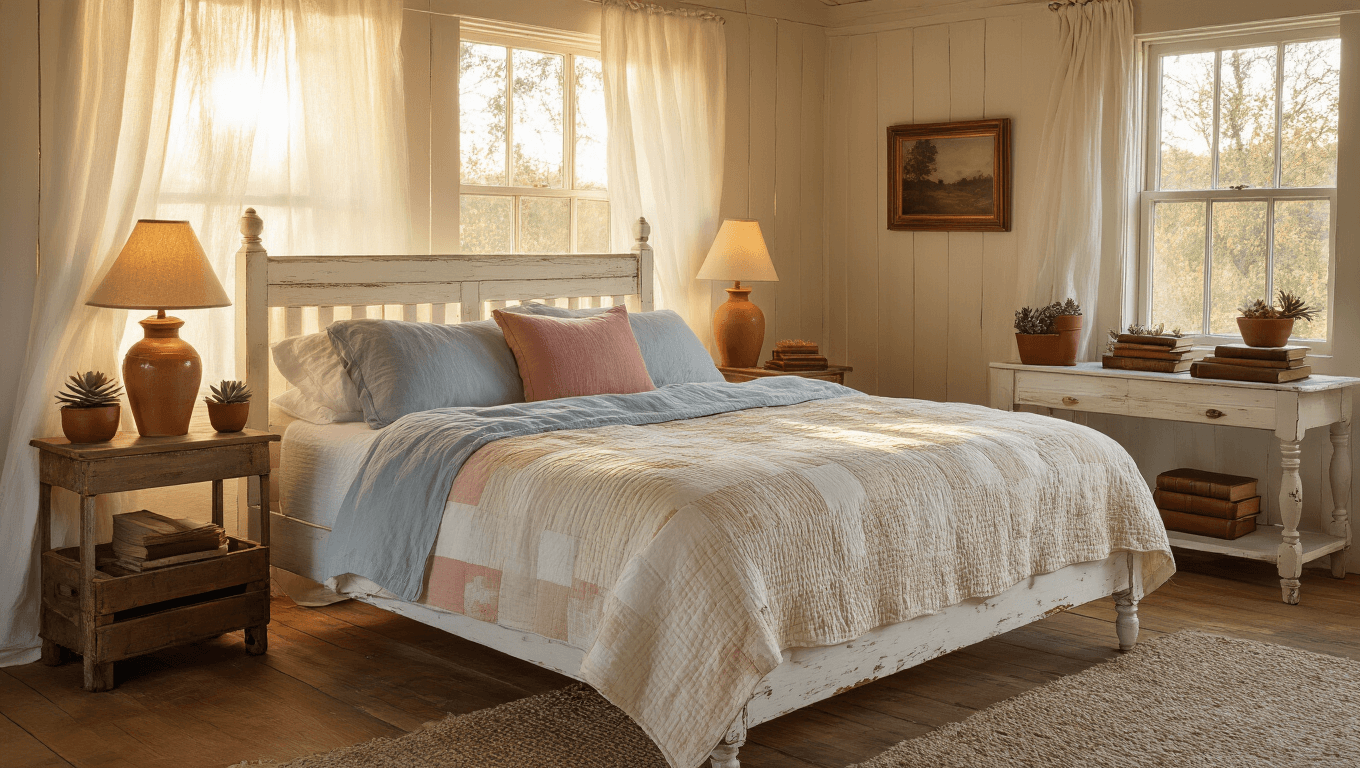 A sunlit rustic cottage bedroom featuring a weathered wooden bed with a patchwork quilt and soft pillows, surrounded by vintage nightstands, ceramic lamps, and cozy decor, captured in warm, inviting light with a photorealistic style.