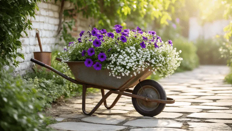 A weathered metal wheelbarrow planter overflowing with purple petunias, white alyssum, and silver dusty miller in a cottage garden at golden hour, with dappled sunlight filtering through foliage and vintage garden tools nearby.
