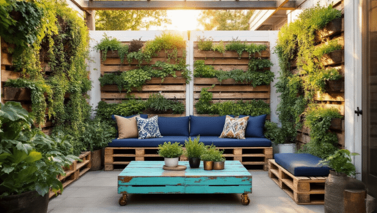 A cozy urban patio featuring weathered reclaimed pallet furniture, a flourishing vertical garden, and warm golden hour lighting, showcasing cascading succulents and aromatic herbs with a distressed turquoise coffee table and bokeh string lights.