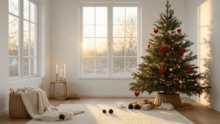 Photorealistic Scandinavian living room at golden hour with a minimalist design, featuring a decorated Norwegian spruce Christmas tree, white walls, warm oak flooring, and cozy textiles, creating a dreamy atmosphere with soft natural sunlight and a serene color palette.