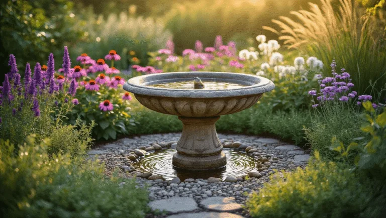 A serene garden scene featuring a weathered stone bird bath surrounded by colorful flowering plants, with two chickadees perched on its rim, captured at golden hour with soft bokeh and sparkling morning dew.
