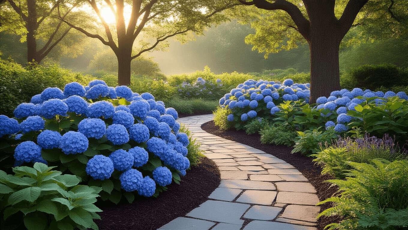A serene garden landscape featuring blooming Nikko Blue hydrangeas along a winding stone pathway, illuminated by golden hour sunlight filtering through mature oak trees, with varying heights of hydrangeas and companion plants, and a vintage copper bench.