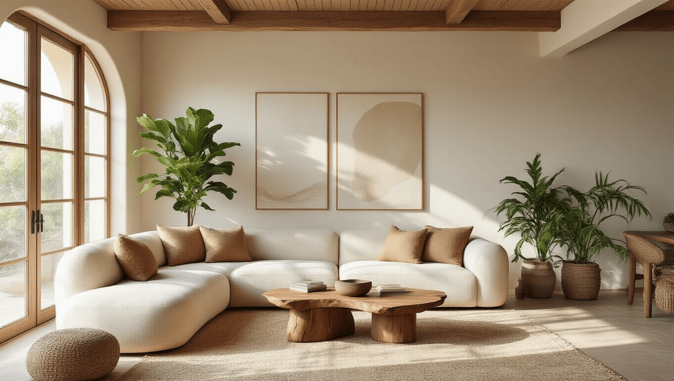 A sun-drenched living room with vaulted ceilings, a curved oatmeal linen sofa, and a handcrafted walnut coffee table, adorned with plants and textured decor, showcasing a serene, organic design in warm, muted tones.