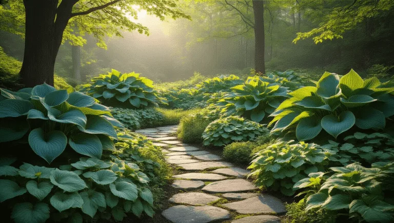 A photorealistic wide-angle view of a lush woodland garden bathed in golden hour light, featuring layered hostas in varying sizes and colors, a winding stone pathway, and dappled sunlight filtering through maple trees, creating an ethereal atmosphere with rich, earthy colors.