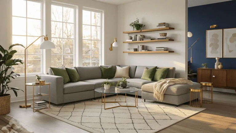 A modern compact living room with a gray modular sectional sofa, layered textiles, and warm golden hour lighting, featuring floating walnut shelves, a round glass coffee table, brass nesting tables, and a plush area rug, enhanced by strategic lighting and decor accents.