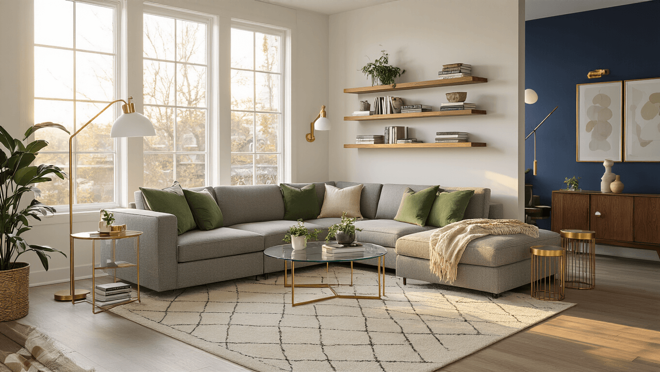 A modern compact living room with a gray modular sectional sofa, layered textiles, and warm golden hour lighting, featuring floating walnut shelves, a round glass coffee table, brass nesting tables, and a plush area rug, enhanced by strategic lighting and decor accents.