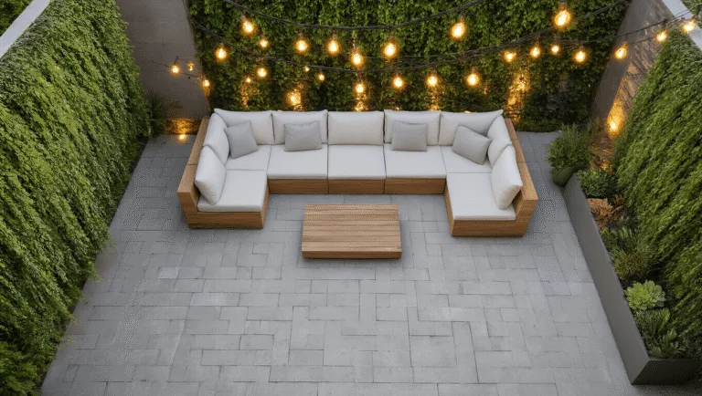 Cinematic overhead shot of a compact modern patio featuring light gray concrete pavers in a herringbone pattern, a weathered teak sectional with white cushions, a vertical garden wall with cascading dichondra, and warm amber string lights, all highlighted by dramatic side lighting and atmospheric mist.