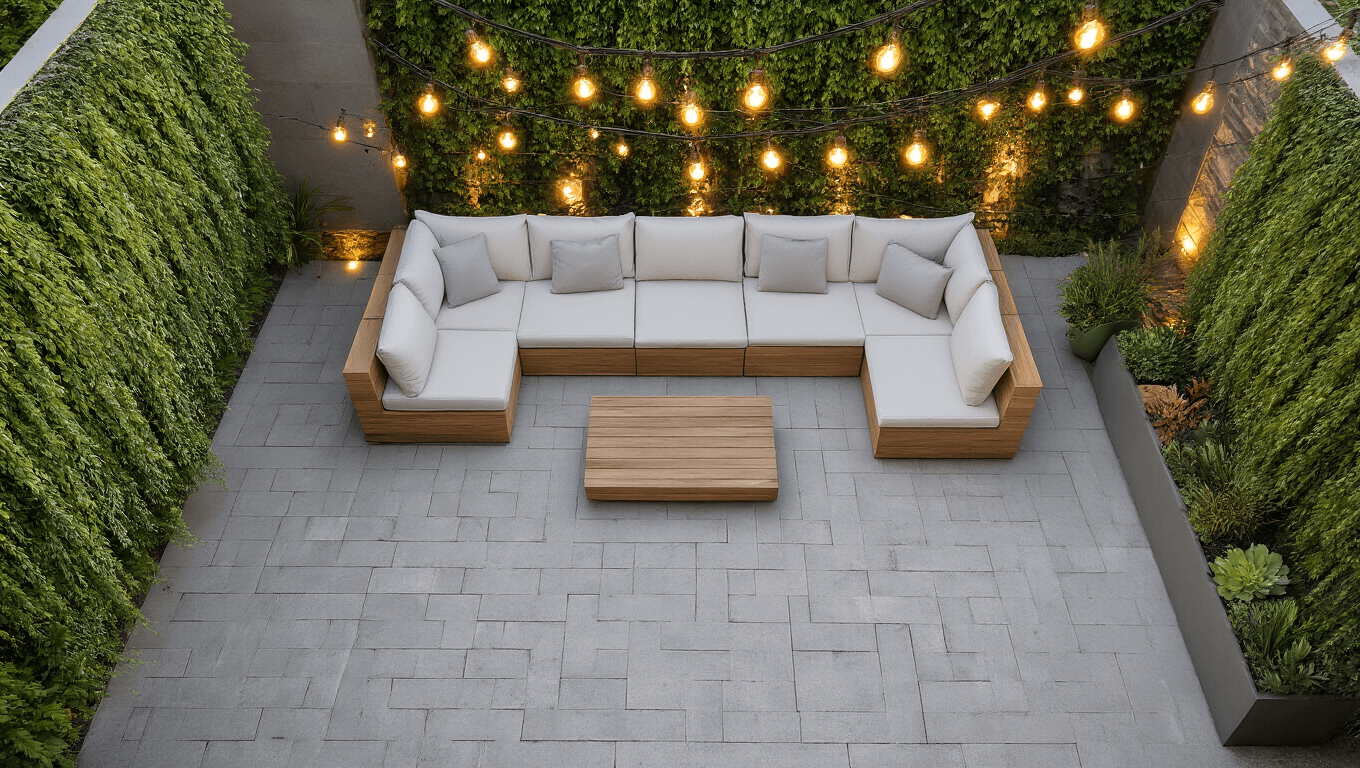 Cinematic overhead shot of a compact modern patio featuring light gray concrete pavers in a herringbone pattern, a weathered teak sectional with white cushions, a vertical garden wall with cascading dichondra, and warm amber string lights, all highlighted by dramatic side lighting and atmospheric mist.