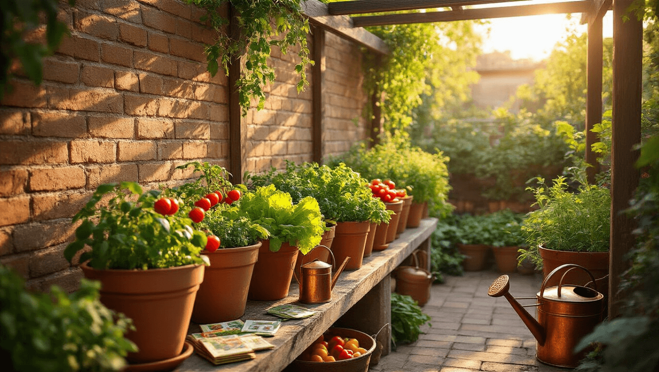Cinematic wide-angle shot of a small patio vegetable garden with terracotta pots filled with tomatoes and herbs, illuminated by golden hour light, against weathered brick walls, featuring vintage gardening tools and a warm, inviting atmosphere.