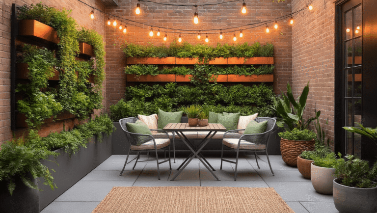 Cinematic golden hour view of a small urban patio featuring a gray metal bistro set, lush vertical herb garden in wall-mounted copper planters, warm Edison bulb string lights, and layered cushions, set against textured brick walls and geometric concrete tiles.