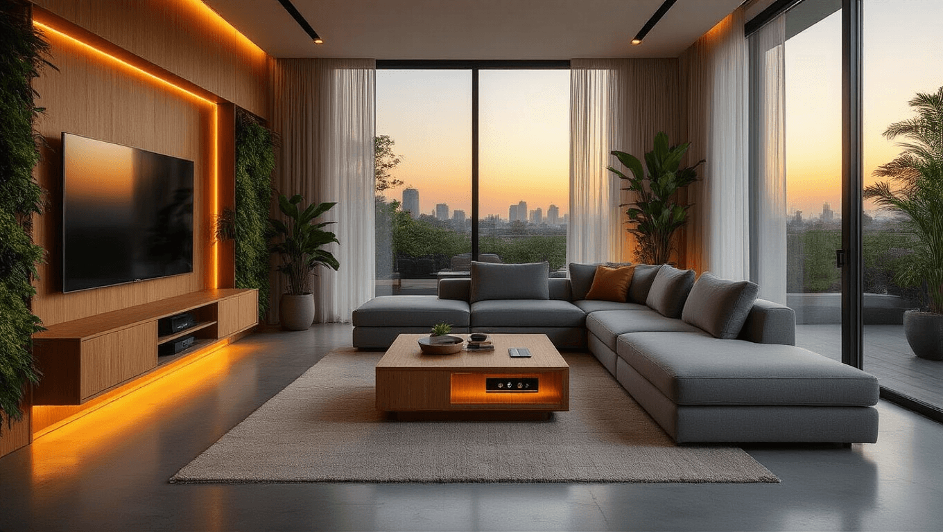 Cinematic wide-angle shot of a modern smart living room featuring a grey modular sectional sofa, bamboo entertainment unit, and polished concrete floors, all bathed in golden hour light with ambient LED underglow and sustainable materials.