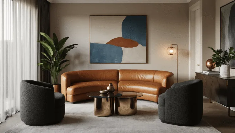 A photorealistic interior photograph of a narrow living room at dusk, featuring a curved caramel leather sofa, charcoal bouclé armchairs, and smoked glass nesting tables, with abstract artwork in muted blue and rust tones, sheer metallic drapes, and brass accents, enhanced by deep green plants and ambient lighting that creates warm shadows in a minimalist yet cozy atmosphere.