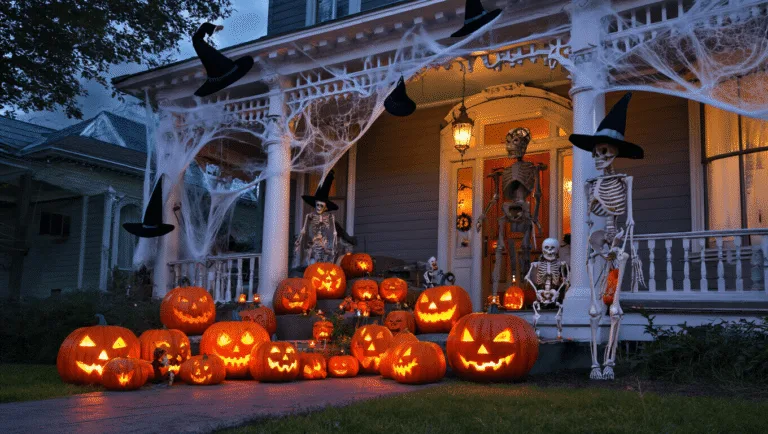 A cinematic twilight scene of a Victorian porch adorned with Halloween decorations, featuring carved jack-o'-lanterns, floating witch hats, cobwebs, a towering skeleton, whimsical smaller skeletons, and glowing string lights, all enveloped in mist and accented by black bats and a full moon.