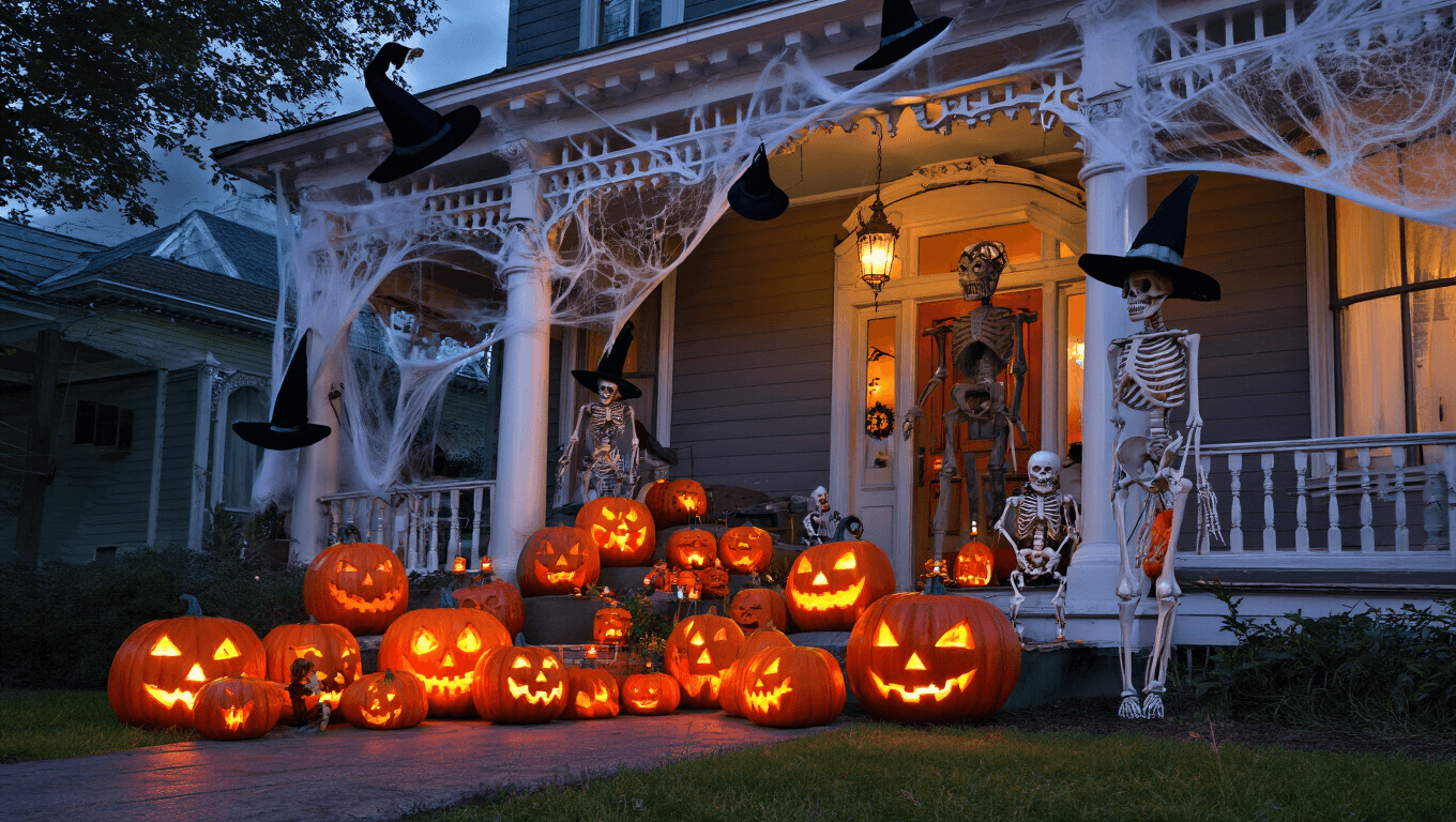 A cinematic twilight scene of a Victorian porch adorned with Halloween decorations, featuring carved jack-o'-lanterns, floating witch hats, cobwebs, a towering skeleton, whimsical smaller skeletons, and glowing string lights, all enveloped in mist and accented by black bats and a full moon.
