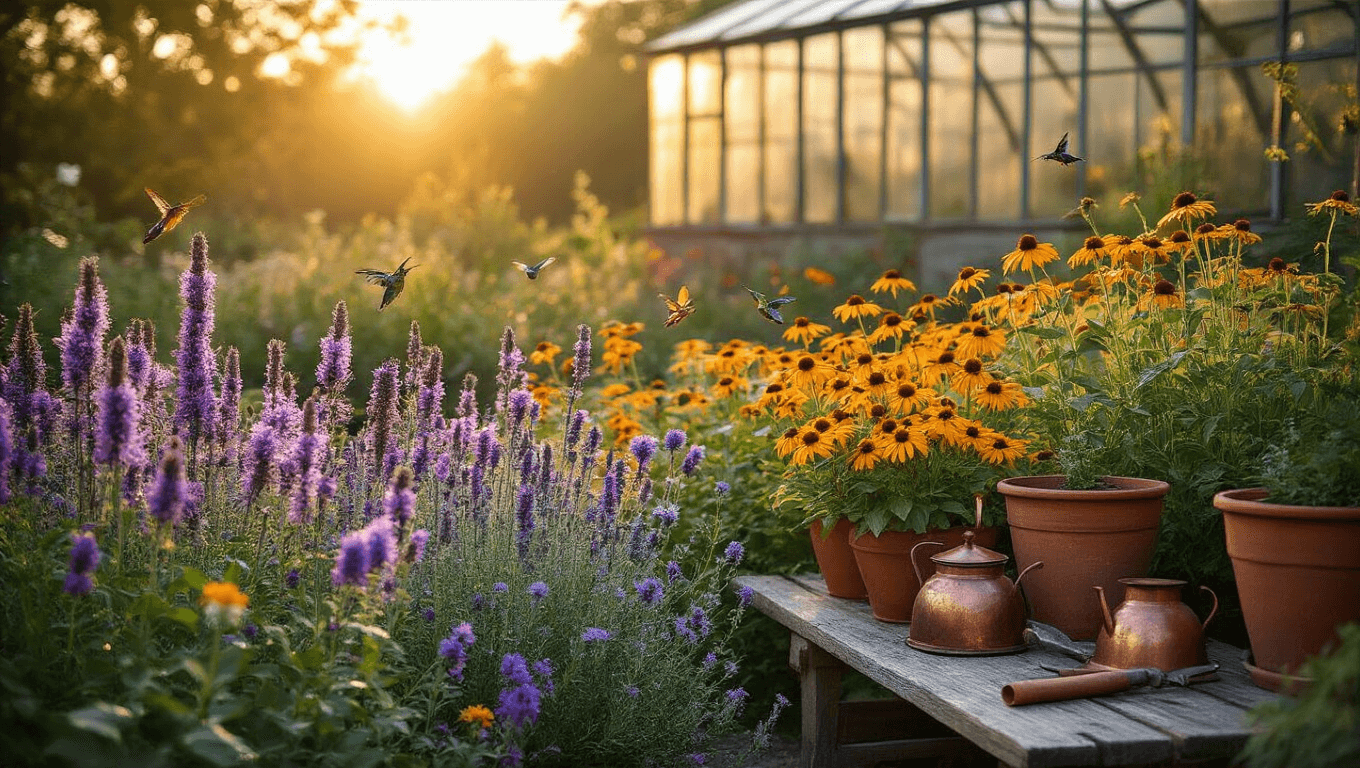 A vibrant perennial garden at golden hour featuring Agastache, Russian Sage, and Echinacea in bloom, with a rustic greenhouse backdrop, textured terra cotta pots, and vintage gardening tools, all captured in photorealistic detail.