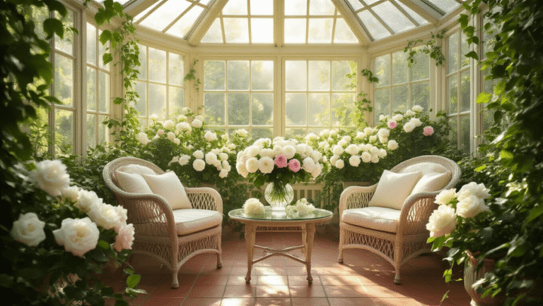 Photorealistic Victorian conservatory filled with white gardenias and pink roses in crystal vases, illuminated by morning light through glass ceiling panels, featuring antique rattan chair, whitewashed brick walls with climbing jasmine, terracotta tile flooring, and glistening dewdrops on petals.