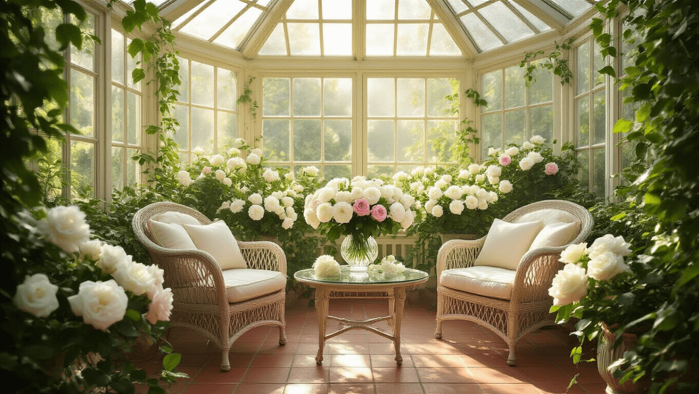 Photorealistic Victorian conservatory filled with white gardenias and pink roses in crystal vases, illuminated by morning light through glass ceiling panels, featuring antique rattan chair, whitewashed brick walls with climbing jasmine, terracotta tile flooring, and glistening dewdrops on petals.