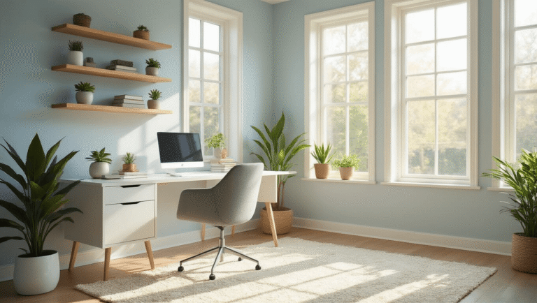 A serene bedroom office corner bathed in soft natural sunlight, featuring a minimalist white desk, ergonomic gray chair, and floating wooden shelves with succulents and books, accented by a plush cream area rug and pale blue walls.
