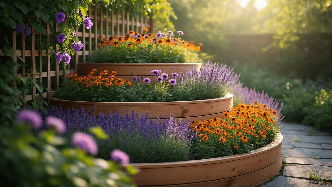 Photorealistic corner garden with a multi-tiered cedar raised bed filled with purple coneflowers, French lavender, and orange butterfly weed, captured in golden morning light. A copper trellis supports climbing purple clematis, with soft bokeh and dew drops enhancing the lush scene.