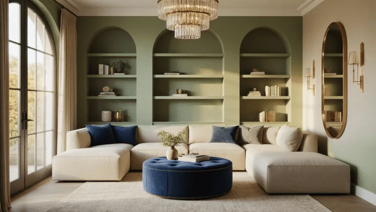 Cinematic wide-angle shot of a compact living room featuring sage green floating shelves, an oatmeal linen sectional with storage, navy velvet ottoman, marble nesting tables, and a deep emerald reading chair, illuminated by warm golden hour light and layered ambient lighting, showcasing multifunctional furniture and inviting decor.