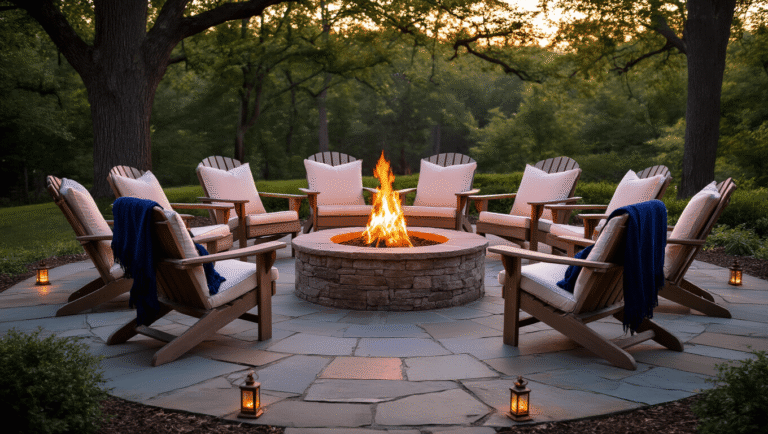 A wide-angle shot of a circular stone fire pit with dancing flames, surrounded by six weathered teak Adirondack chairs with cream cushions and navy throws, on a natural flagstone patio illuminated by copper path lights, with golden hour sunlight casting shadows through oak trees.