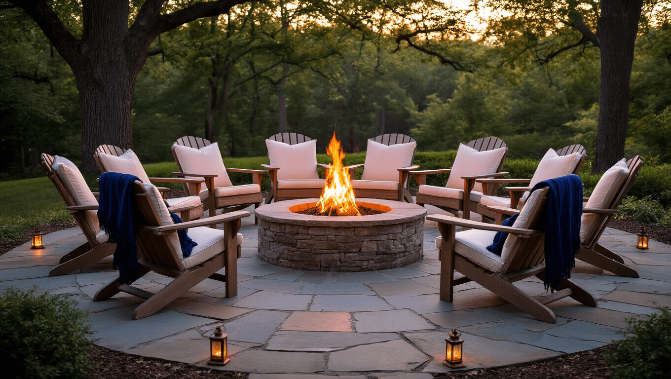 A wide-angle shot of a circular stone fire pit with dancing flames, surrounded by six weathered teak Adirondack chairs with cream cushions and navy throws, on a natural flagstone patio illuminated by copper path lights, with golden hour sunlight casting shadows through oak trees.