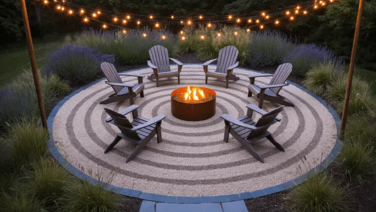 A wide-angle shot of a circular pea gravel patio at twilight, featuring a copper fire pit surrounded by four Adirondack chairs, with string lights overhead and native grasses and lavender in the borders.