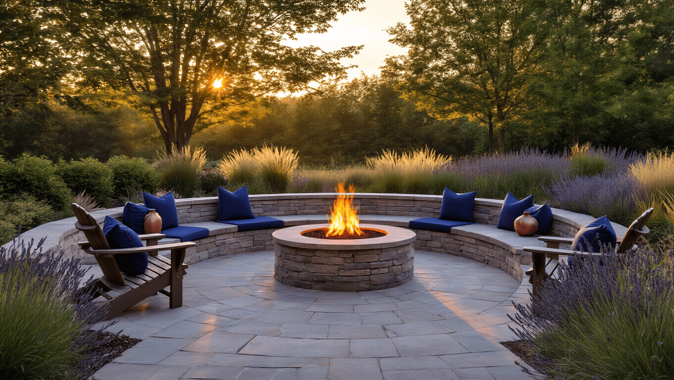 A luxurious backyard fire pit sanctuary at golden hour, featuring a circular stone fire pit with flames, curved limestone seating with navy cushions, and weathered Adirondack chairs surrounded by ornamental grasses and potted lavender, all bathed in warm sunset light.