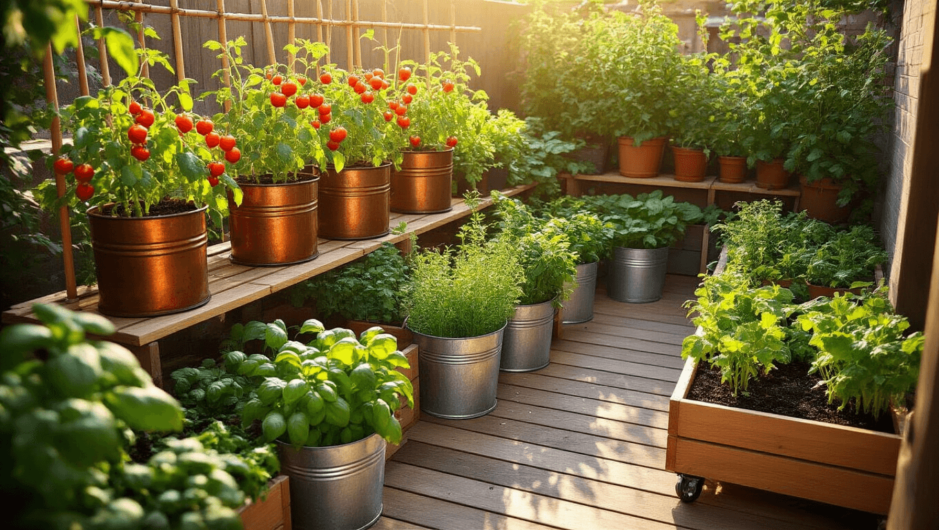 Cinematic aerial view of a sunlit urban patio veggie garden featuring tiered copper and terracotta containers with cherry tomatoes, aromatic herbs in galvanized buckets, and leafy greens in cedar planters, all illuminated by warm golden hour light, with dewdrops glistening on plants and a vintage copper watering can as a focal point.