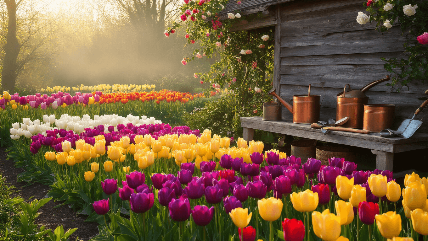 A picturesque sun-drenched garden at golden hour showcasing vibrant tulip beds in a gradient of colors, with a weathered potting shed, climbing roses, and vintage watering cans, all highlighted by natural lens flares and dew drops.
