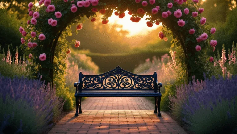 A Victorian garden at golden hour, featuring an ornate black cast iron bench under a rose arch with pink climbing roses, surrounded by English lavender and foxgloves, with dappled sunlight creating intricate shadows.
