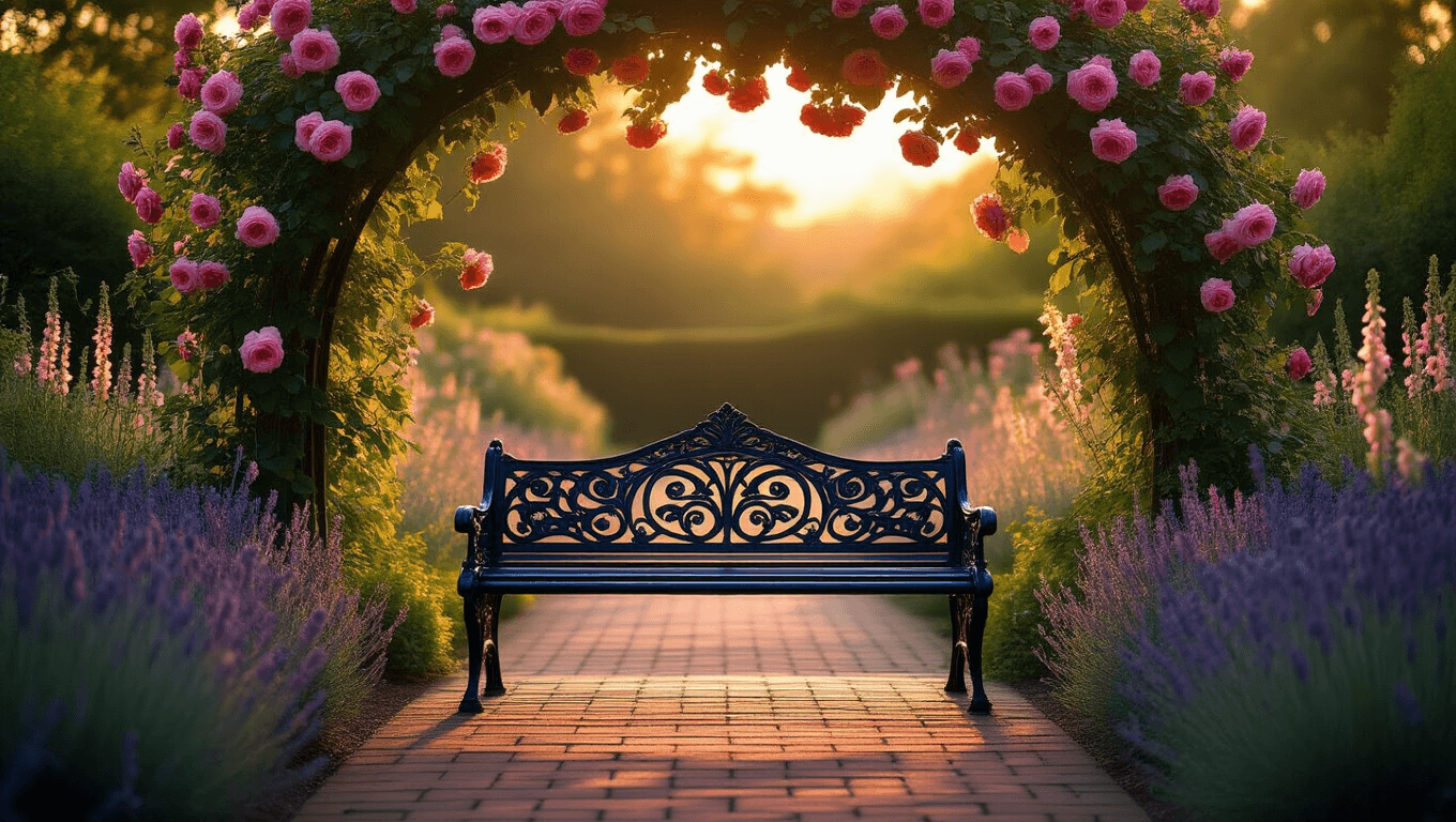 A Victorian garden at golden hour, featuring an ornate black cast iron bench under a rose arch with pink climbing roses, surrounded by English lavender and foxgloves, with dappled sunlight creating intricate shadows.