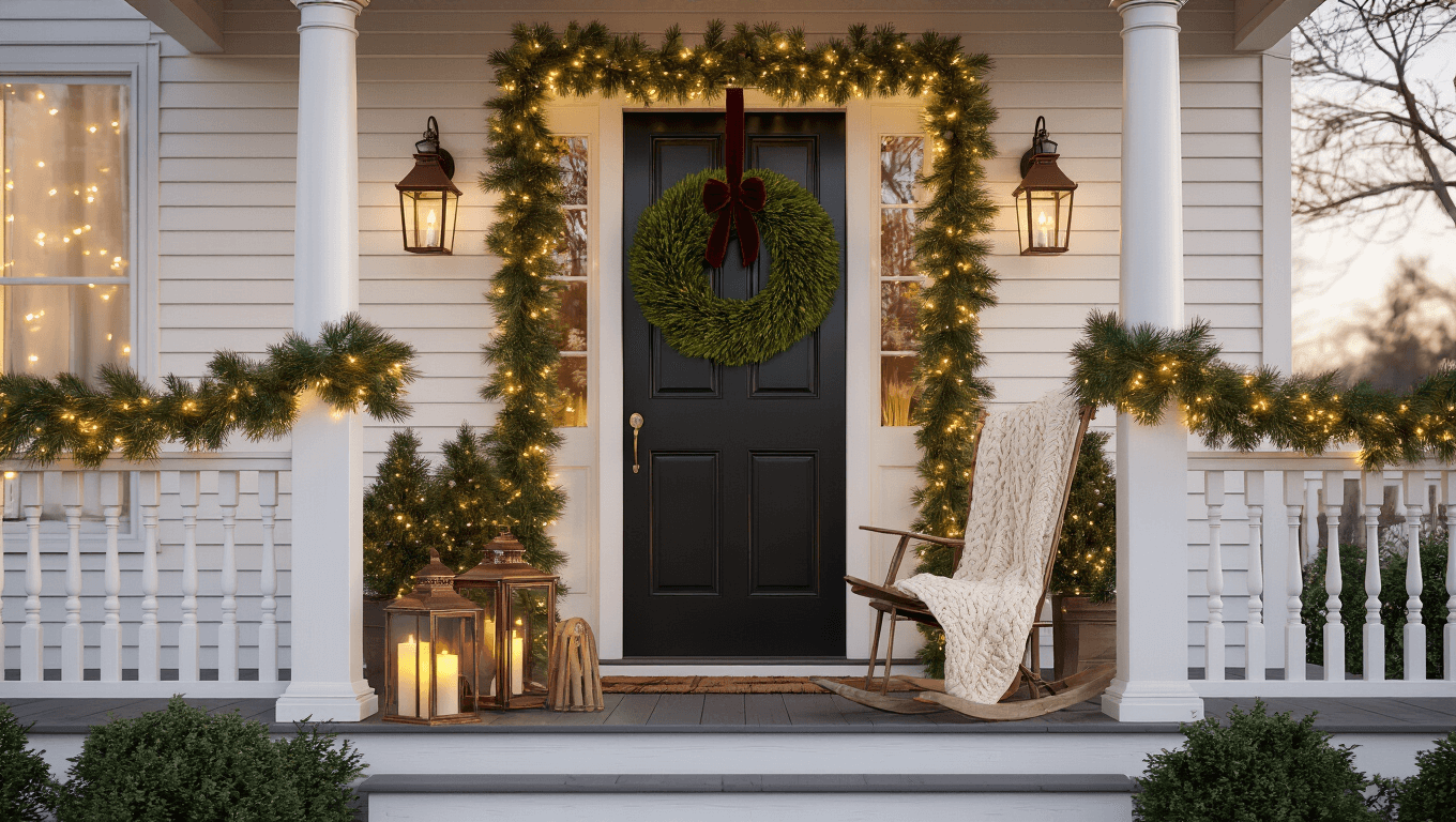 A beautifully decorated Victorian front porch during golden hour, featuring a pine garland with LED lights, a burgundy velvet wreath on a black door, vintage copper lanterns, and a weathered sled with a cream throw, all set against a dreamy, softly blurred background.