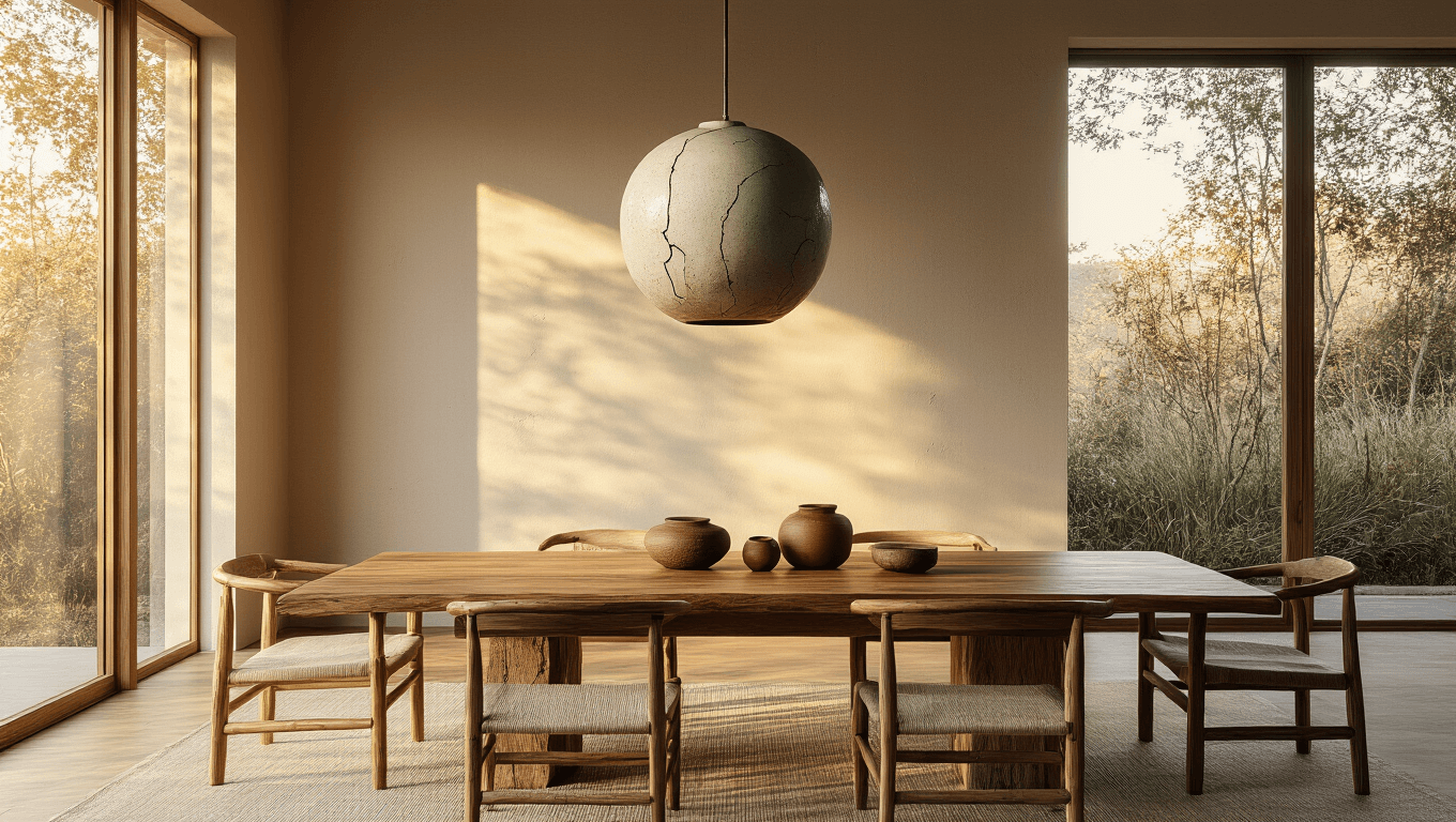 A serene minimalist dining space at golden hour featuring a hand-glazed ceramic wabi sabi pendant above a raw-edge walnut table, with warm sunlight and soft shadows highlighting the organic textures and natural elements.