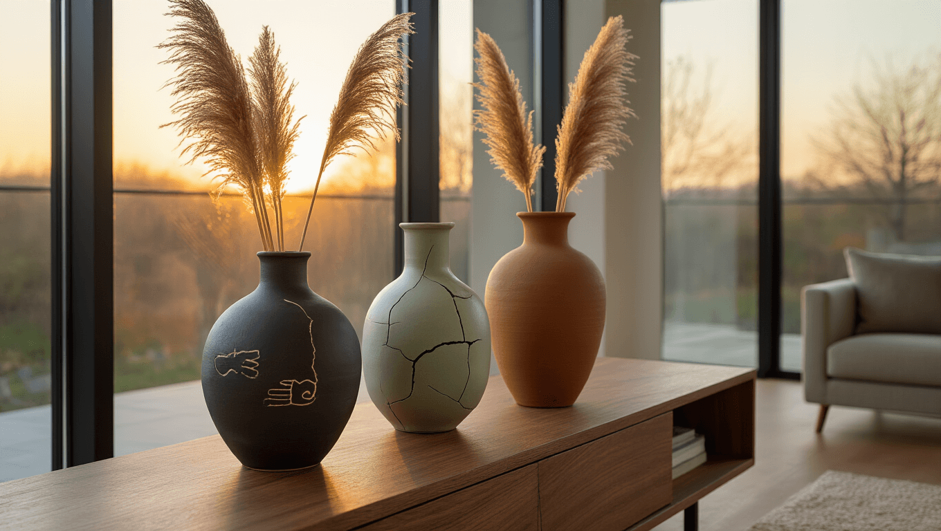 Cinematic wide-angle shot of a minimalist living room at golden hour, featuring three handcrafted wabi-sabi ceramic vases on a walnut console table with dried pampas grass, highlighting their unique imperfections and organic forms, against a backdrop of floor-to-ceiling windows.