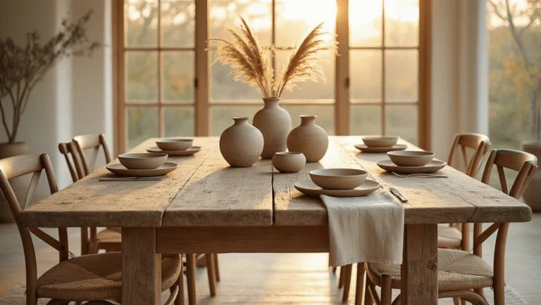 A serene wabi-sabi dining room featuring a weathered oak table set with handcrafted ceramics and natural linens, bathed in golden hour light, highlighting textures and imperfections.
