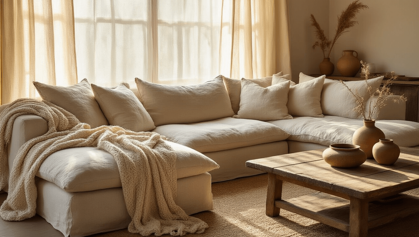 A cozy linen sectional couch with worn cushions, layered throws, and oversized pillows, bathed in golden hour sunlight. Nearby, a weathered oak coffee table holds handmade ceramics, while a handwoven jute rug and aged brass lighting enhance the warm, inviting atmosphere of serene imperfection.