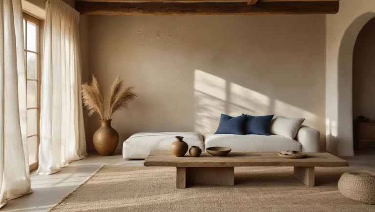 A serene wabi sabi living room with textured plastered walls in warm clay and ash grey tones, featuring a low-profile oatmeal linen sofa, a raw-edge walnut coffee table with handmade ceramic vessels, and dried pampas grass in a bronze vase, all bathed in soft morning light.