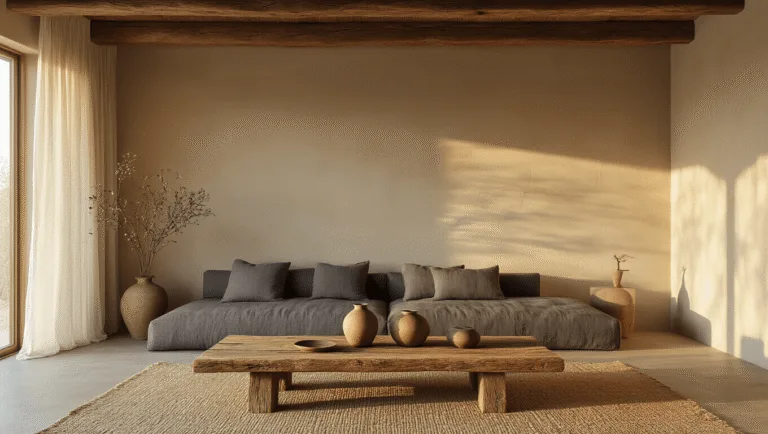 A serene wabi-sabi modern living room at golden hour, featuring a reclaimed wood coffee table with ceramic vessels, a charcoal linen sofa, a jute rug, and warm greige lime-washed walls, all enhanced by soft diffused lighting and the beauty of handmade imperfections.