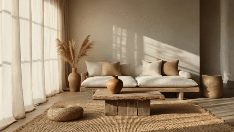 Serene wabi-sabi living room with warm lighting, featuring a low-profile linen sofa, reclaimed wood coffee table, and artisanal pottery, all highlighting natural textures and imperfections.
