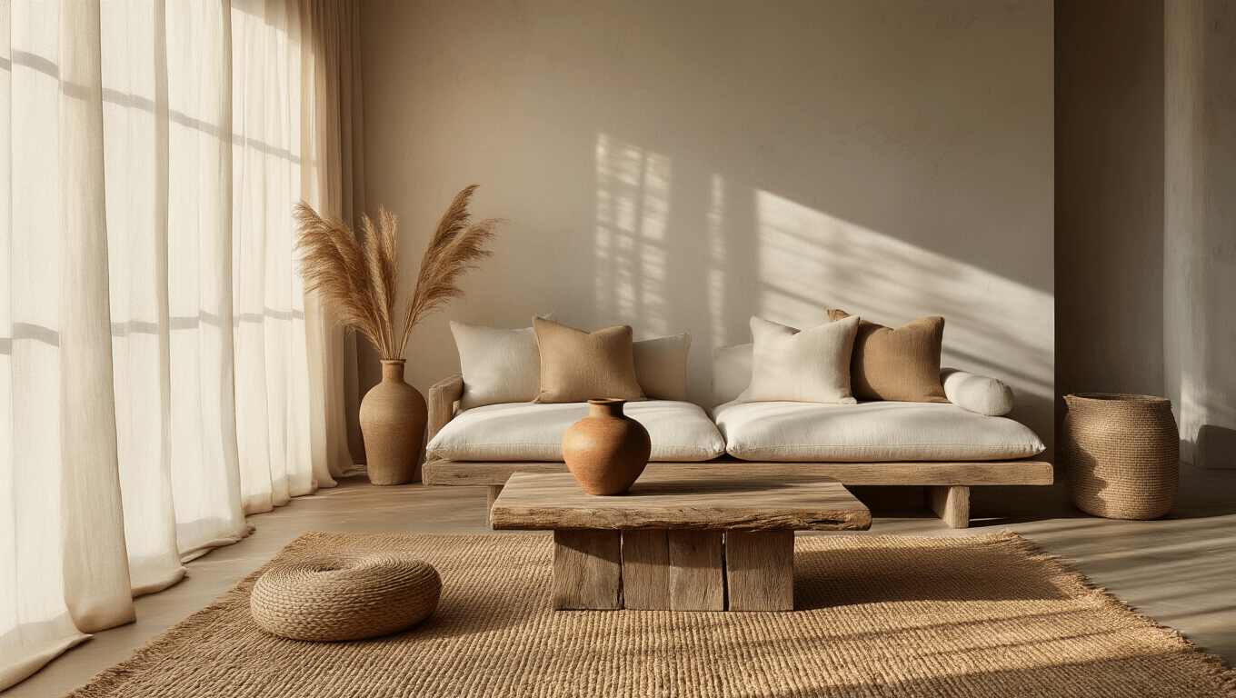 Serene wabi-sabi living room with warm lighting, featuring a low-profile linen sofa, reclaimed wood coffee table, and artisanal pottery, all highlighting natural textures and imperfections.
