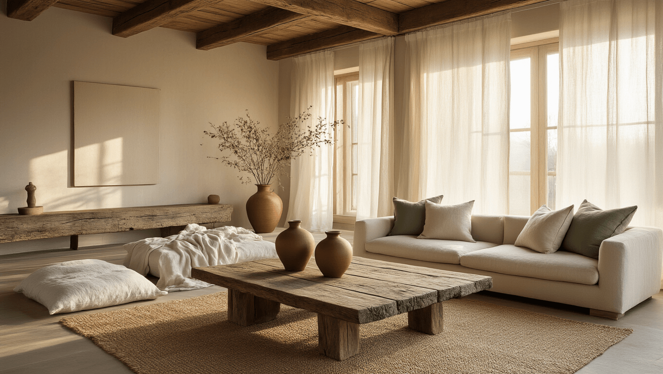 A serene wabi sabi living room bathed in golden hour light, featuring a weathered wood coffee table, hand-thrown ceramic vases, crumpled linen pillows, a raw jute rug, and exposed wooden beams, enhanced by soft sunlight and a muted color palette.