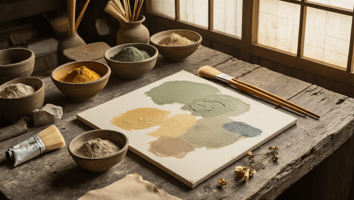 A close-up of a wabi-sabi painting studio featuring a weathered wooden table with natural pigments in ceramic bowls, irregular brushes, and a half-finished canvas with intentional imperfections, all softly illuminated by morning light.